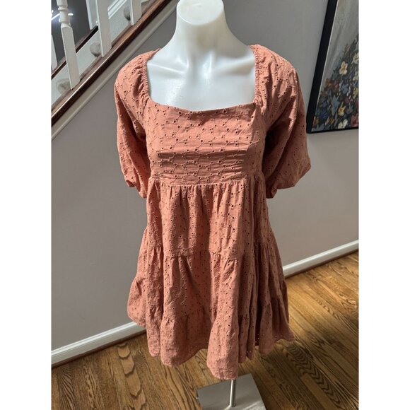 The Impeccable Pig Eyelet Lace Open Tie Back Puff Sleeve Mini Dress Size Large - Picture 1 of 5